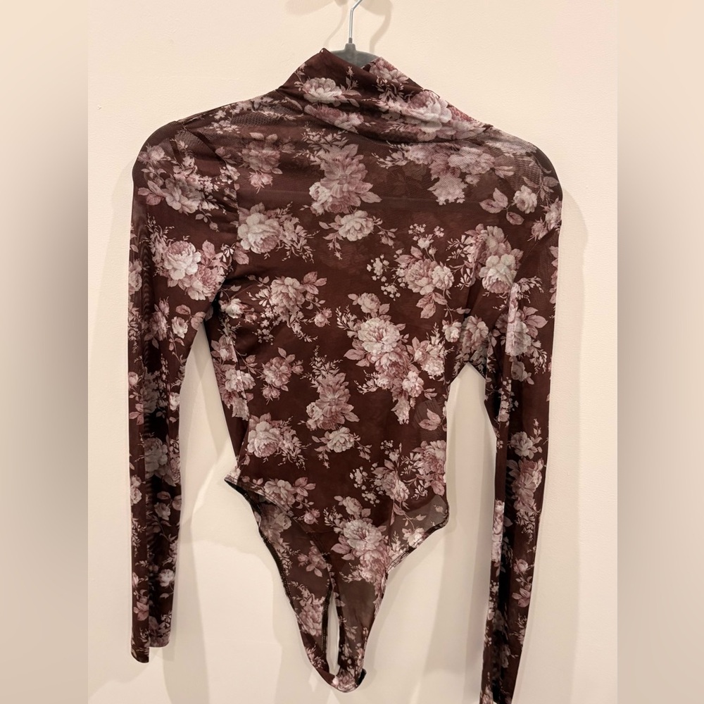 Floral Long-Sleeve Sheer Bodysuit - Brown/Pink